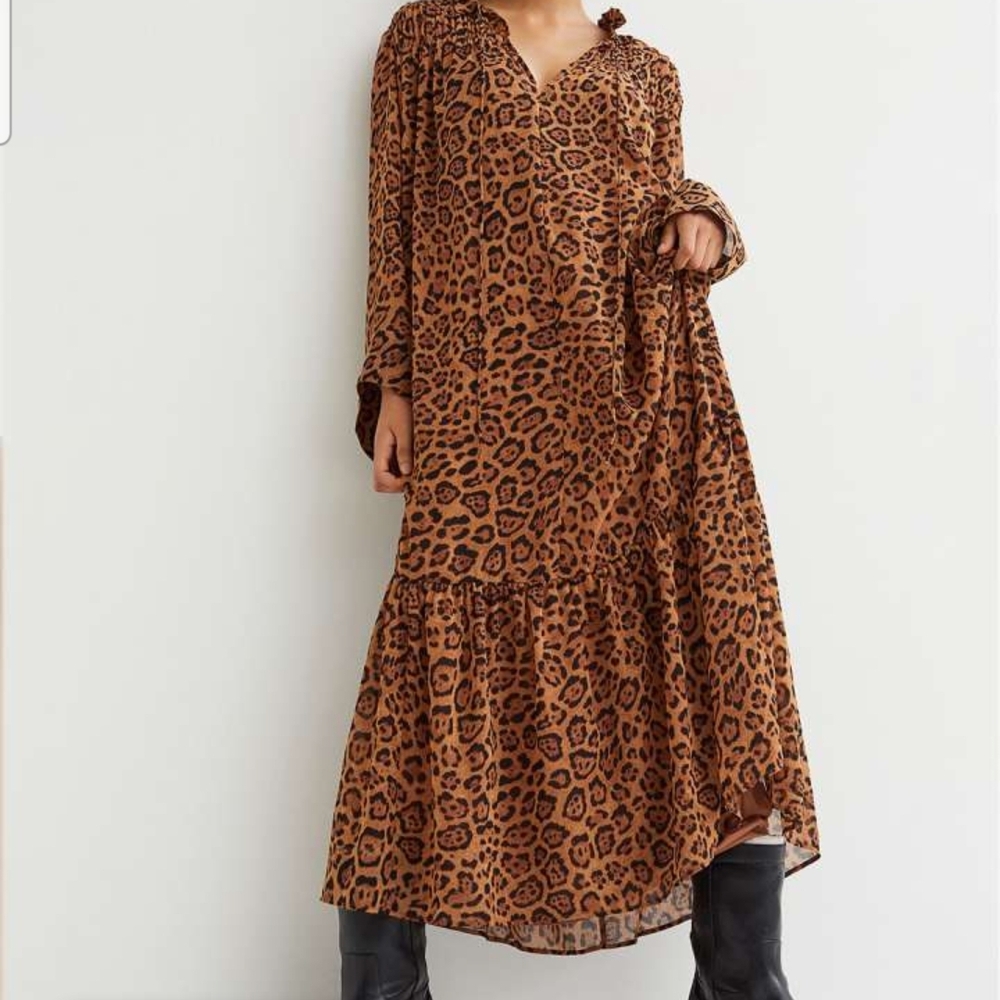 H&M Brown Black Tiered Ruffled Chiffon Dress